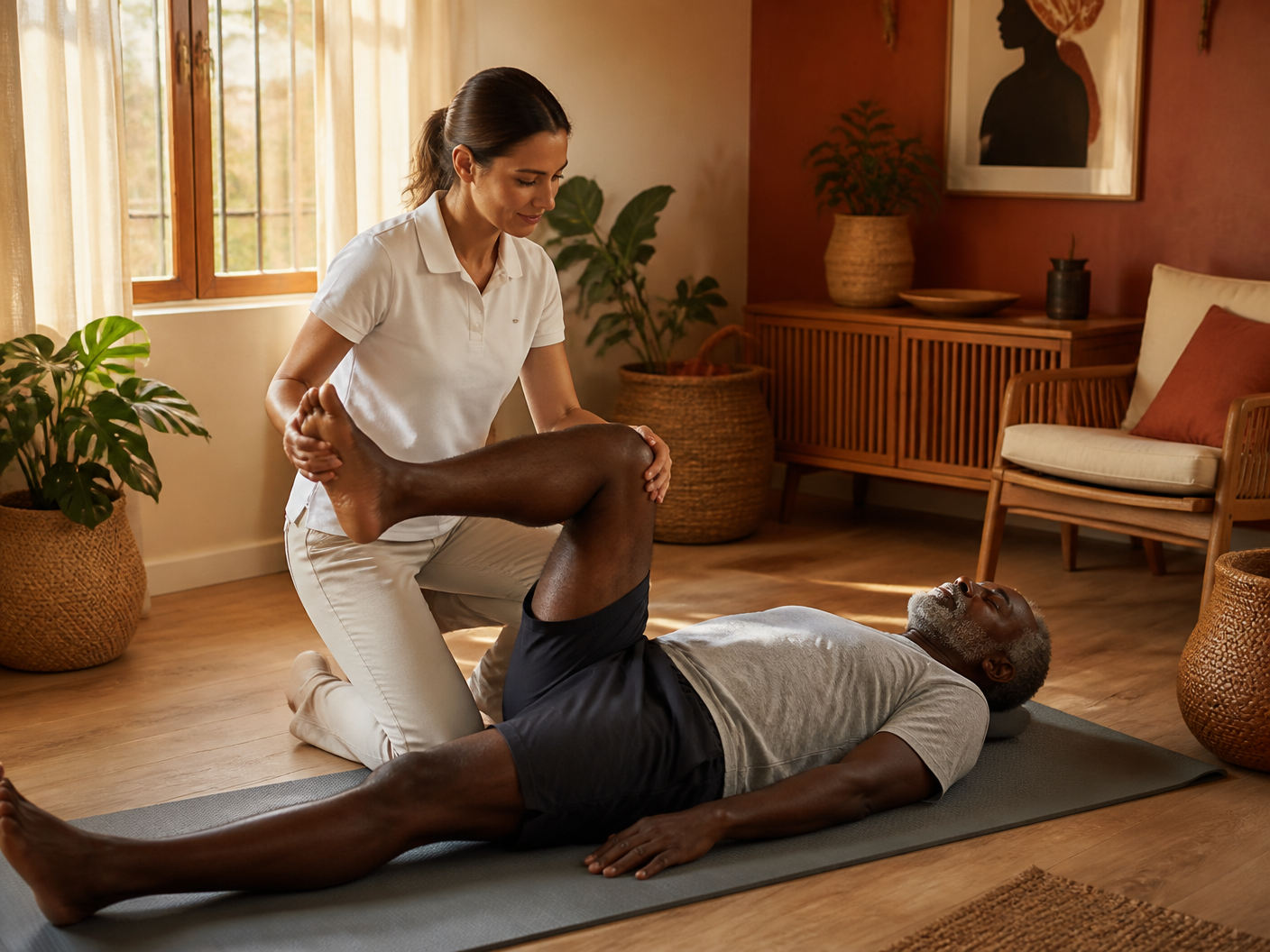 A physiotherapist guiding an older man through a gentle leg exercise in his living room